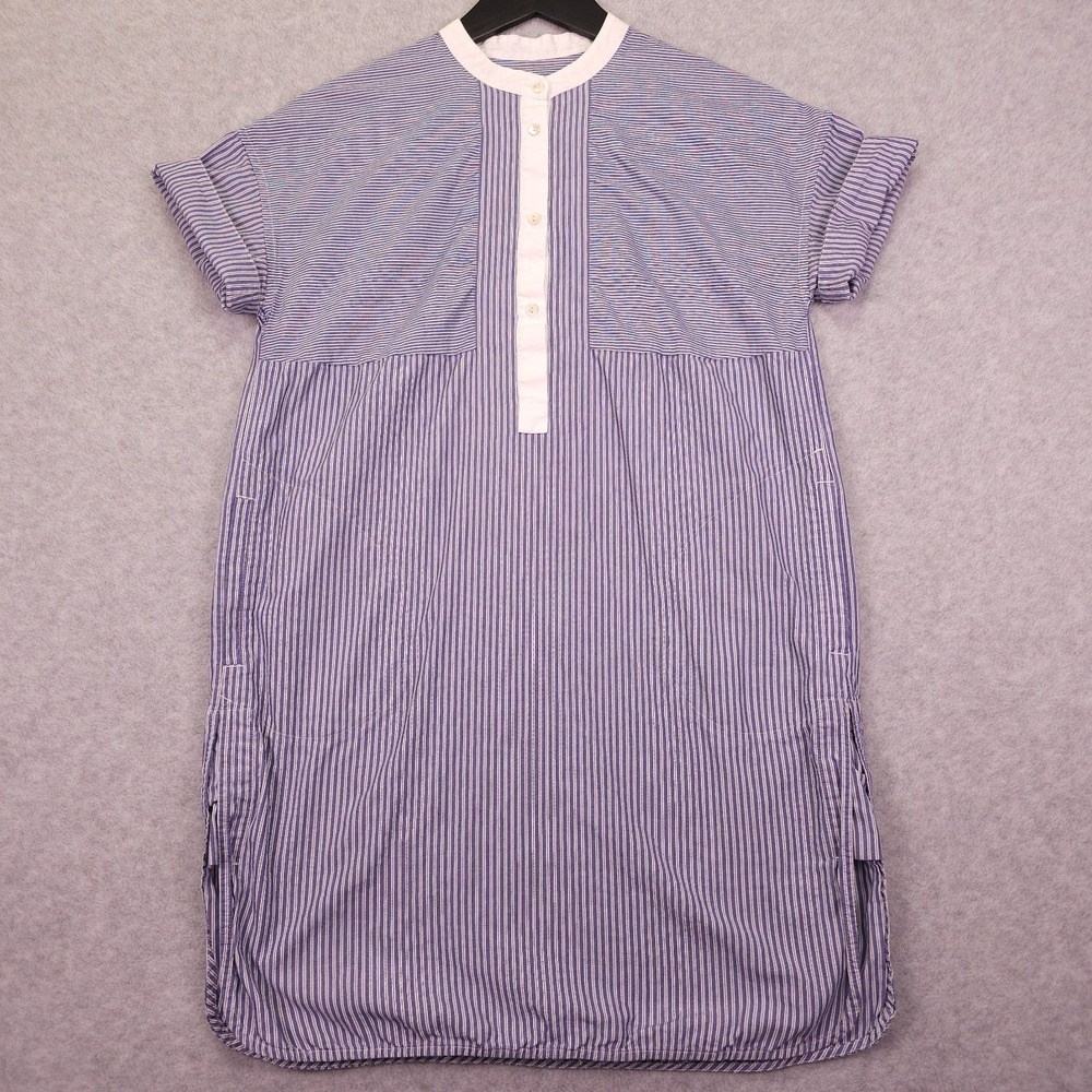 Vince Shirt Dress Womens 00 Blue Striped Cotton Poplin Mandarin Collar Pockets